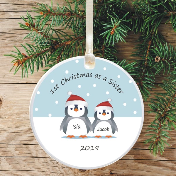 First Christmas As A Sister Personalised Christmas Bauble - New Sister Gift