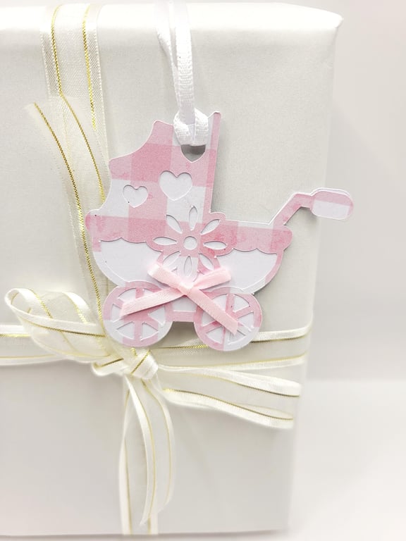Handmade Pram Gift Tag, Baby Shower Christening Label, Pink Gingham Bow