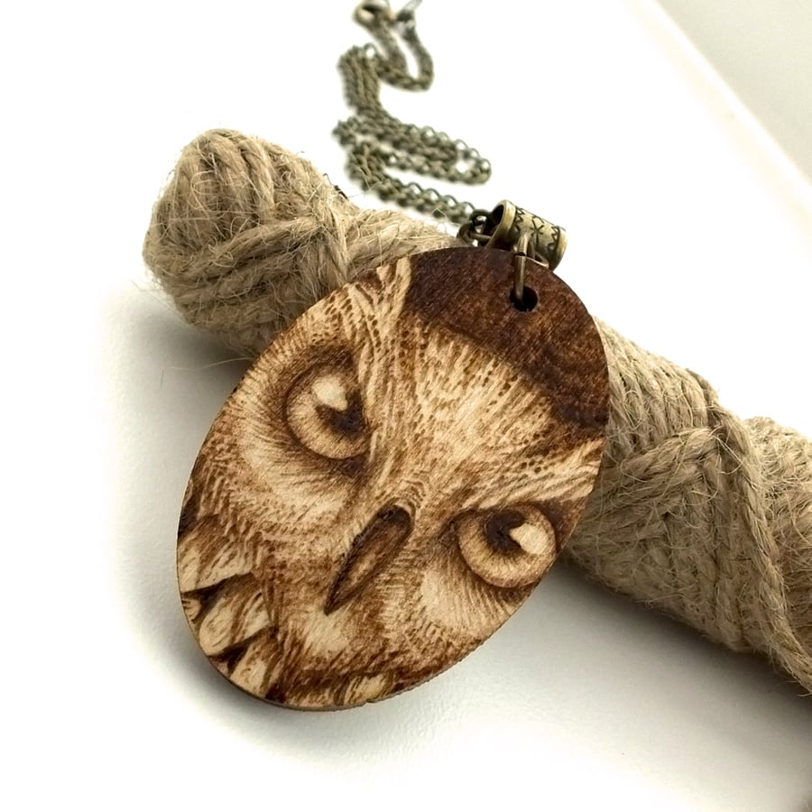 I see you, pyrography owl pendant. Wooden Necklace with owl's eyes.
