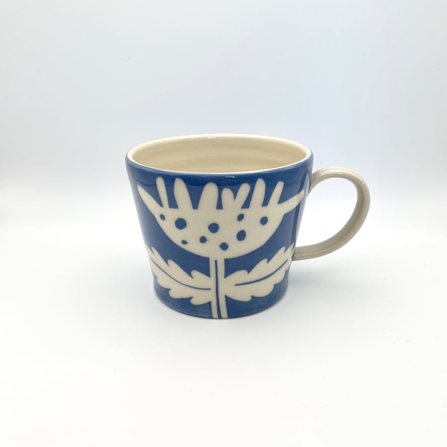 Handmade Mug for Tea Coffee Mid Blue Flower Mothers Day Birthday Pottery Gift