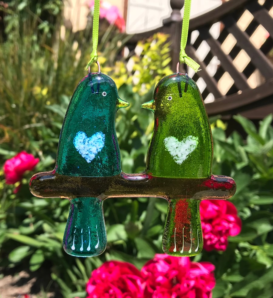 Fused glass Love Birds - Turquoise & Green