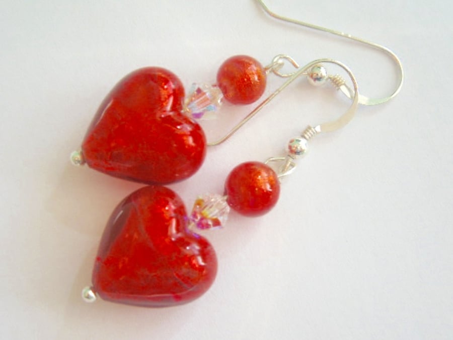 Murano glass red heart earrings with Swarovski crystal and sterling silver.