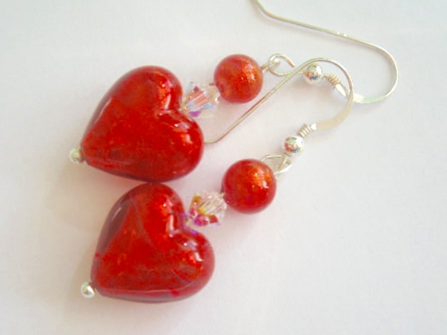 Murano glass red heart earrings with Swarovski Folksy