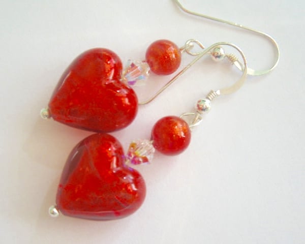 Murano glass red heart earrings with Swarovski crystal and sterling silver.