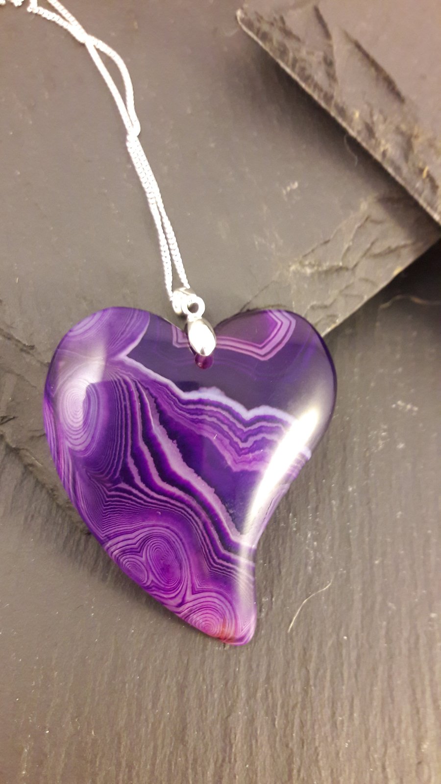 Purple Stripe Agate Heart Pendant with Sterling Silver Chain