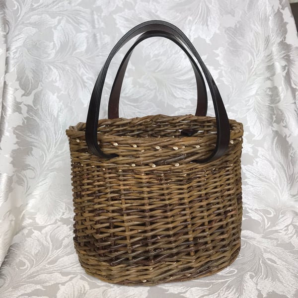 Handwoven Willow Basket with English Leather Handles - Made in Cornwall 634