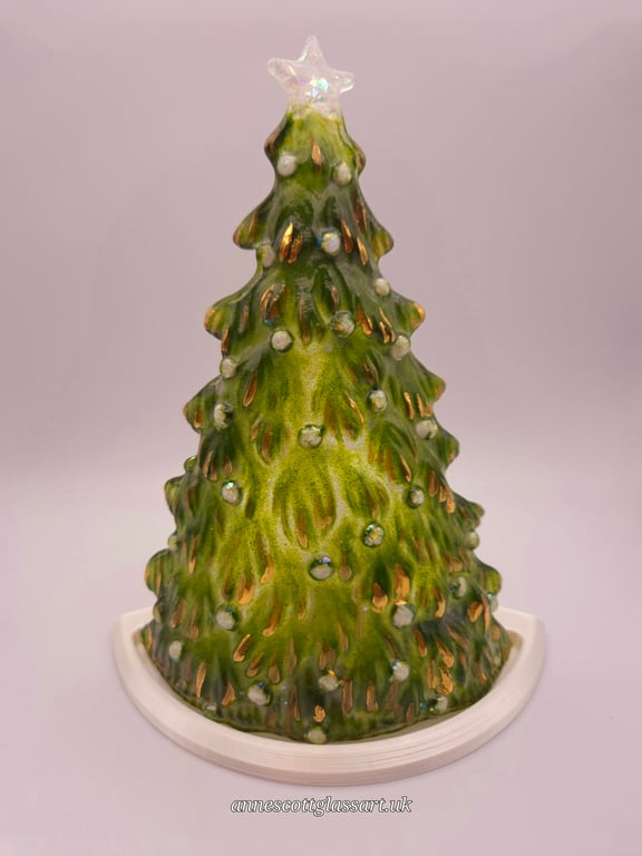 Handmade Fused Glass 3D Green Christmas Tree Candle Holder White. Gold