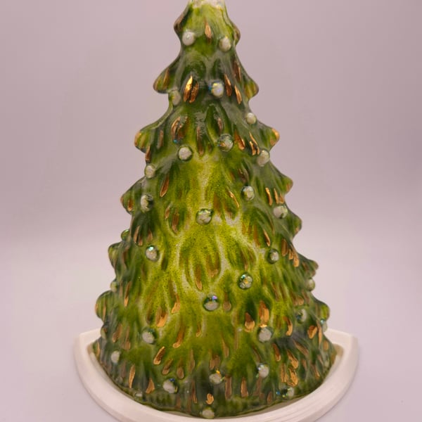 Handmade Fused Glass 3D Green Christmas Tree Candle Holder White. Gold