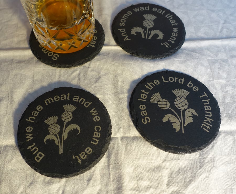 Set of 4 slate coasters, with Selkirk Grace