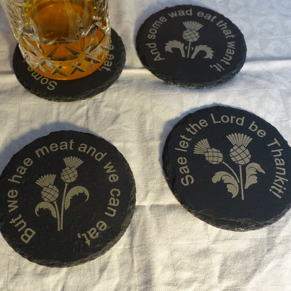 Set of 4 slate coasters, with Selkirk Grace