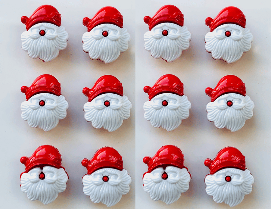 12 Father Christmas Design Buttons, Santa Red and White, 20mm by 18mm