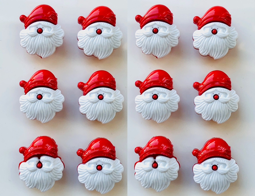 12 Father Christmas Design Buttons, Santa Red and White, 20mm by 18mm
