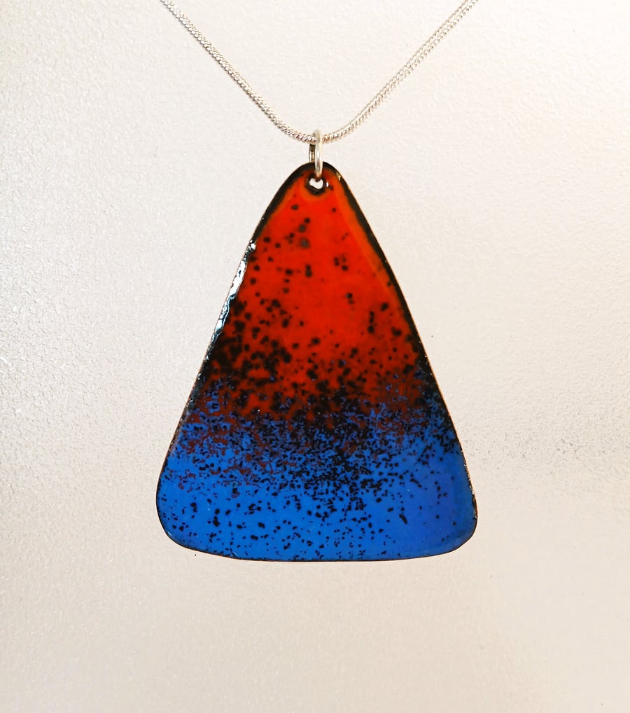 Triangle pendant in blue and red enamel on recycled copper 178
