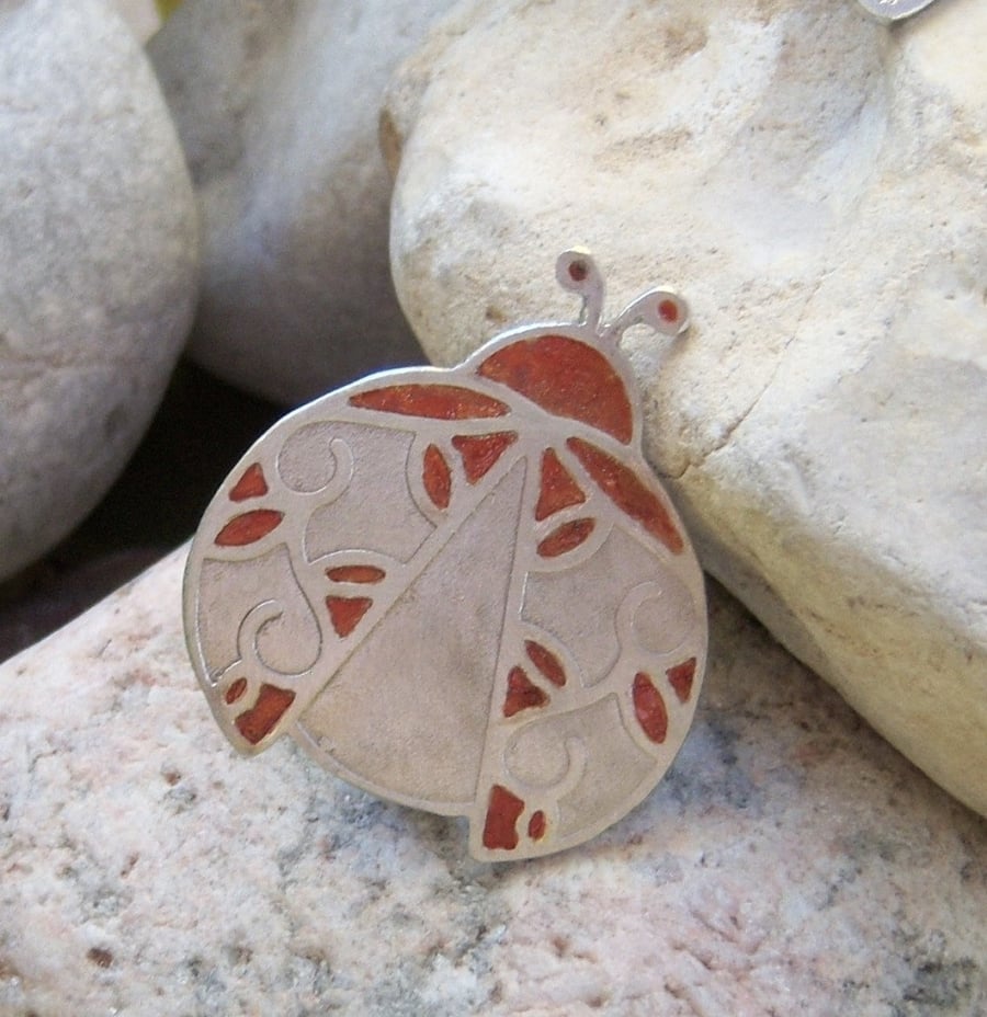 Ladybird brooch in etched pewter