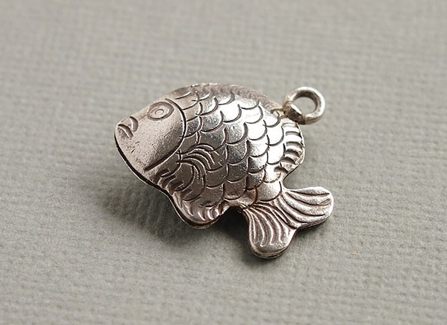 Karen Hill Tribe Silver Fish Charm, Hollow Puffed, Oxidised.