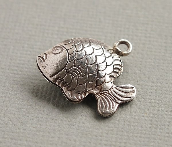 Karen Hill Tribe Silver Fish Charm, Hollow Puffed, Oxidised.