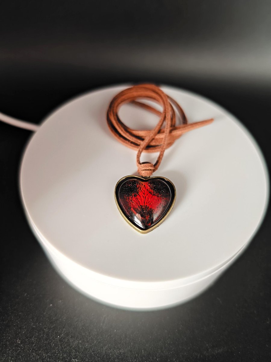 Handmade Red & Black Resin Heart Necklace: Bronze Frame, Suede Cord