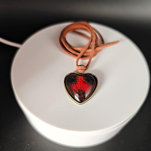 Handmade Red & Black Resin Heart Necklace: Bronze Frame, Suede Cord