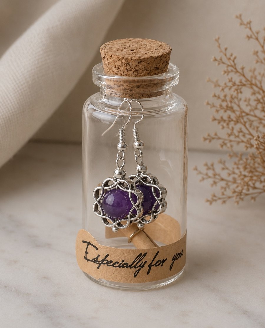 Handmade Purple Chalcedony Earrings in a Bottle