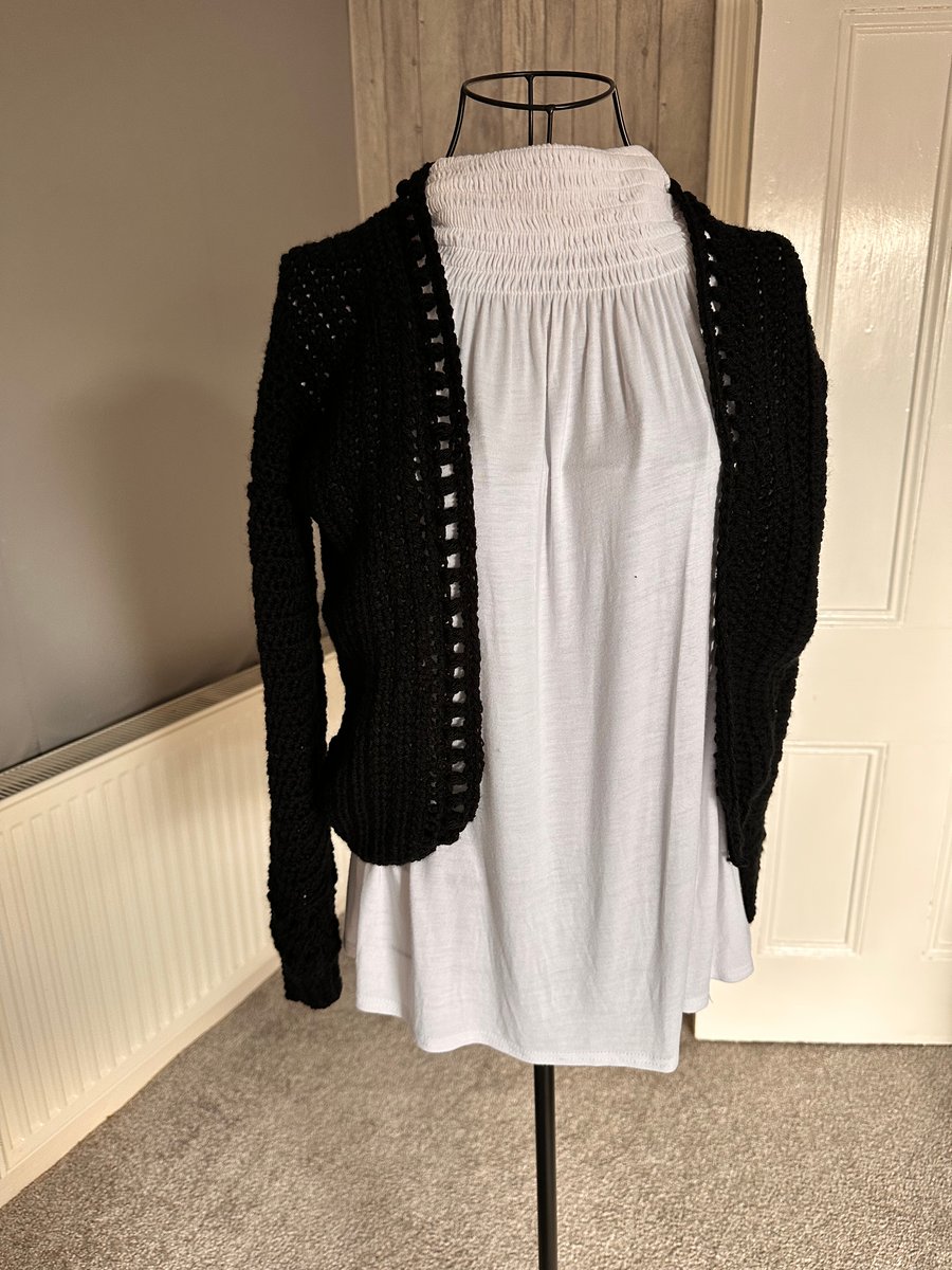 Hand crochet black caridgan size 10