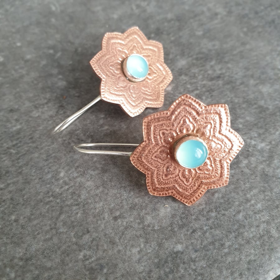 Copper and chalcedony earrings, Mandala jewellery, 7th anniversary gift