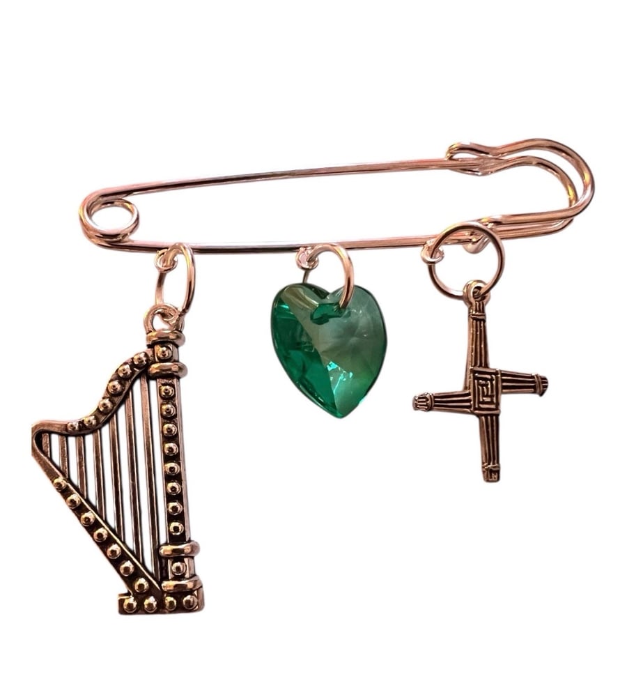 St Brigid Cross Green Heart Harp Brooch Pin Irish Ireland Gaelic