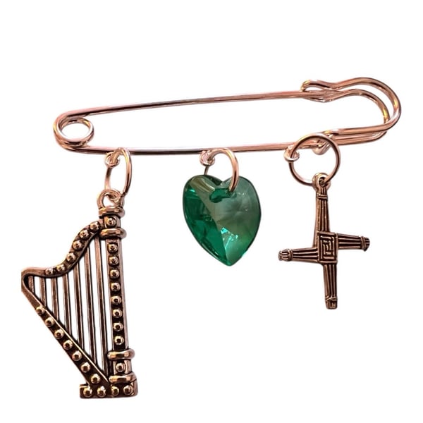 St Brigid Cross Green Heart Harp Brooch Pin Irish Ireland Gaelic