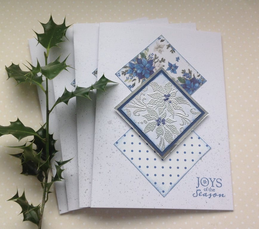  CHRISTMAS CARDS,( pack of 4, large ) Poinsettias . Blue and Silver.
