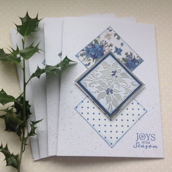  CHRISTMAS CARDS,( pack of 4, large ) Poinsettias . Blue and Silver.