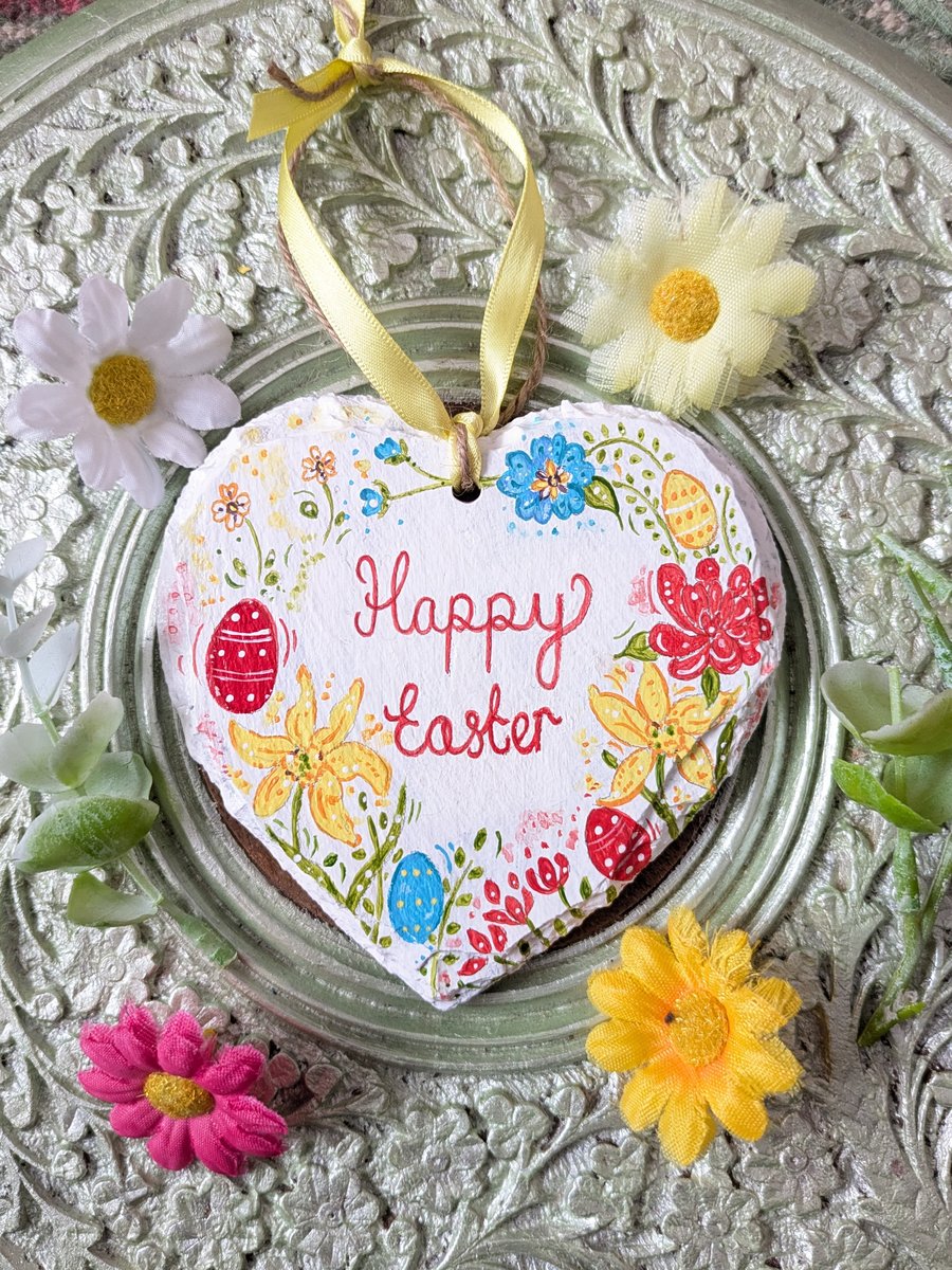 Happy Easter hand-painted slate heart decoration 