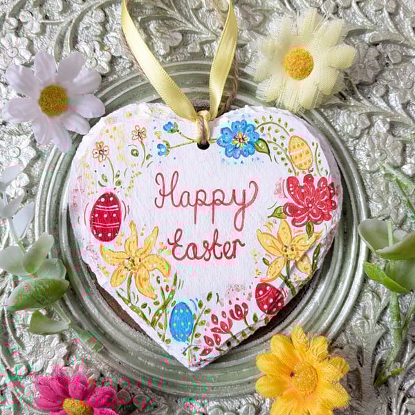 Happy Easter hand-painted slate heart decoration 