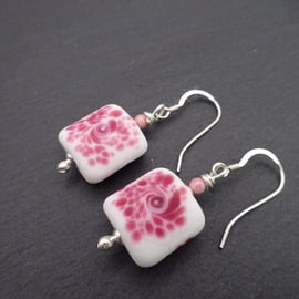 pink speckled lampwork glass earrings