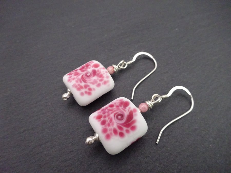 pink speckled lampwork glass earrings