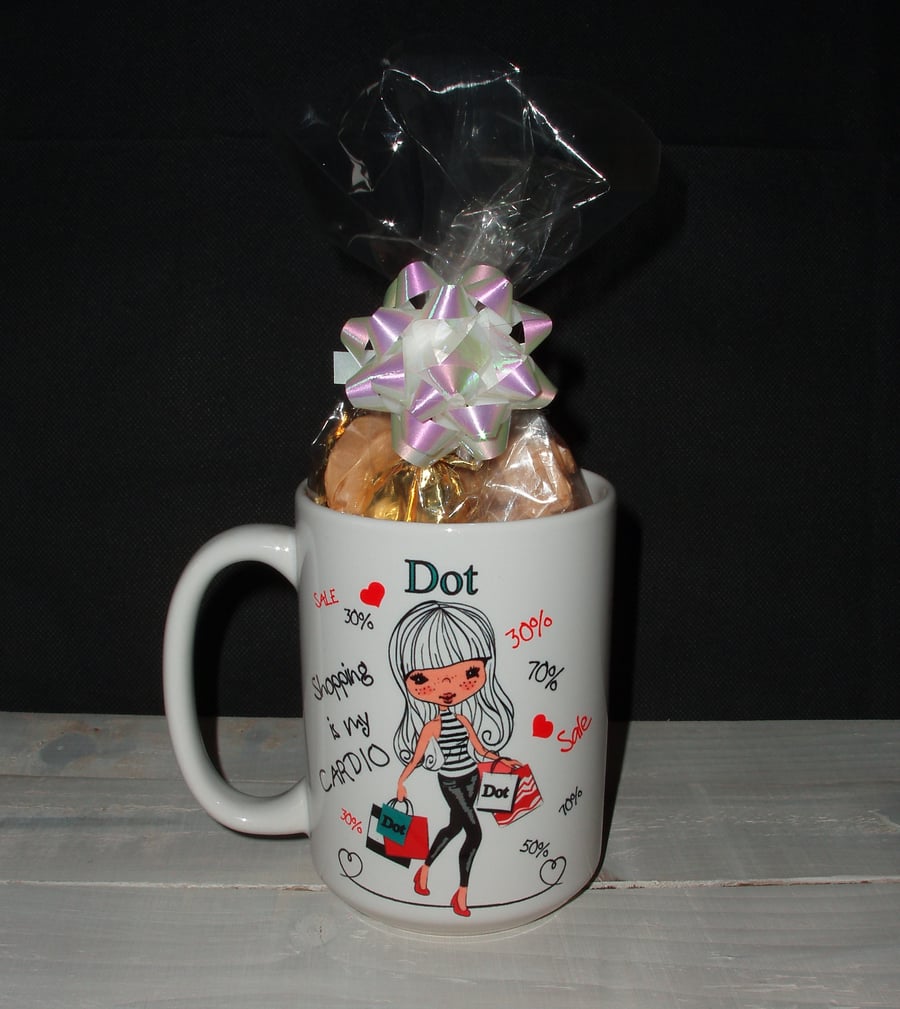 Large 15 fl oz personalised shopping is my cardio girl mug filled with sweets
