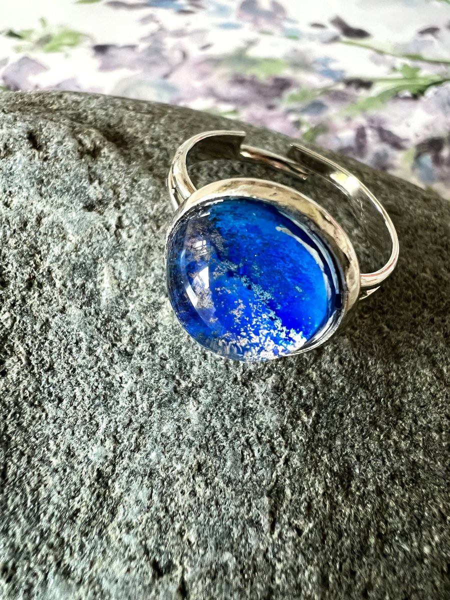 Midnight Blue & Gold Glass Cabochon Adjustable Ring