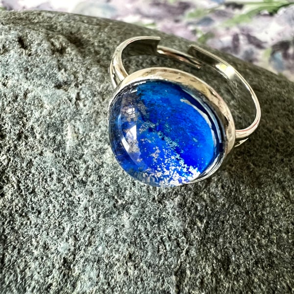 Midnight Blue & Gold Glass Cabochon Adjustable Ring