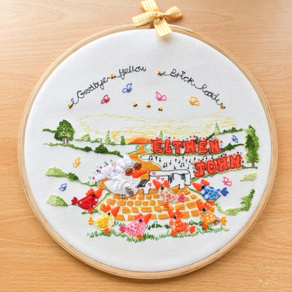 Embroidered Hoop Art "Goodbye Yellow Brick Road" Elton John