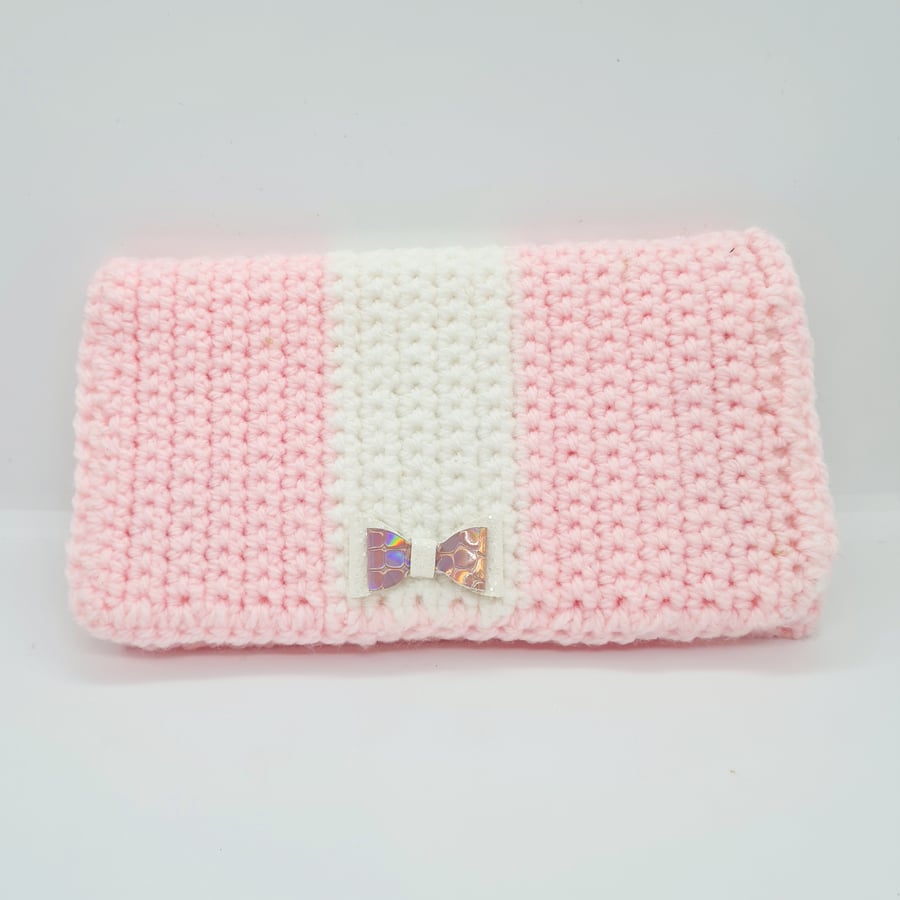 Handmade Crocheted Pink and White Purse with Card and Phone holders