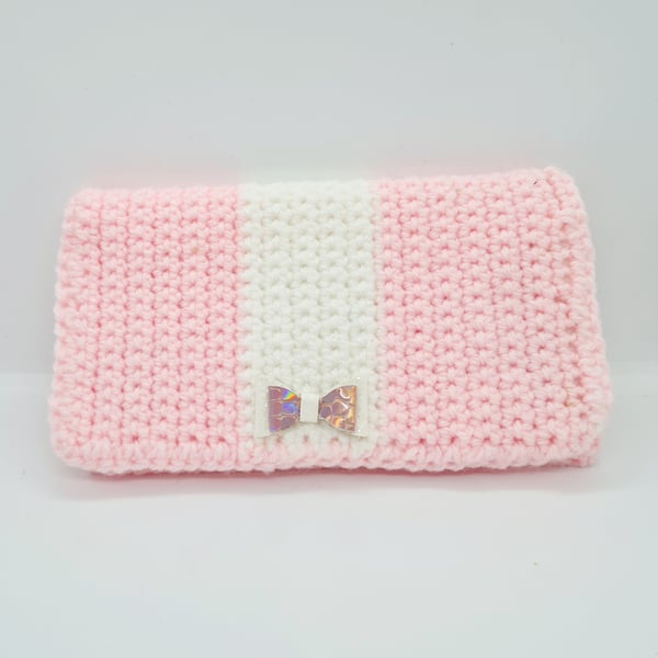 Handmade Crocheted Pink and White Purse with Card and Phone holders