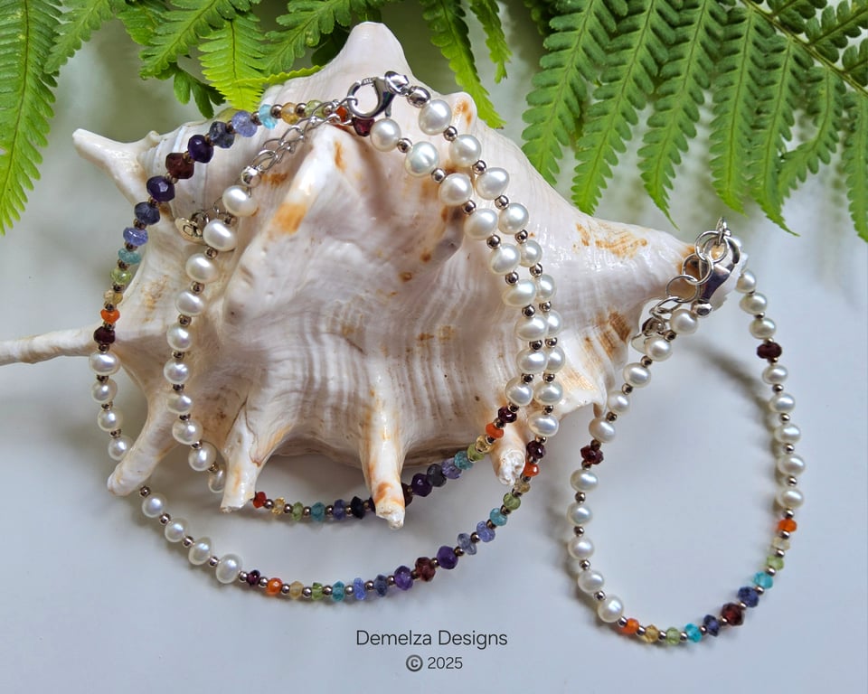 Designer Button Pearl & Multi Gemstone Sterling Silver Necklace & Bracelet Set