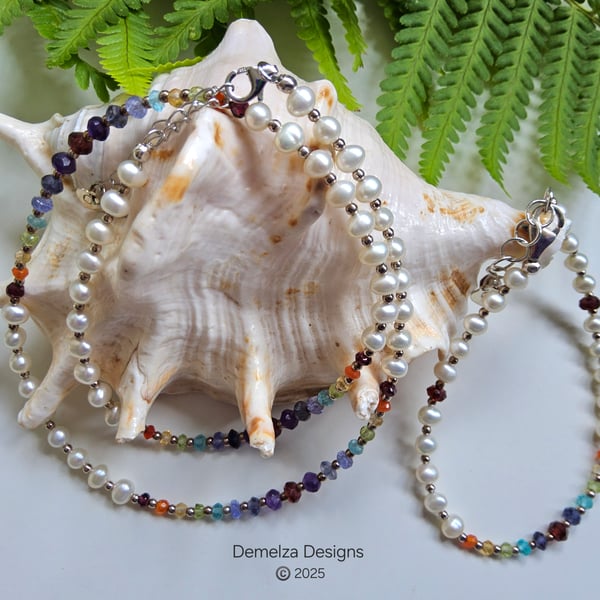 Designer Button Pearl & Multi Gemstone Sterling Silver Necklace & Bracelet Set