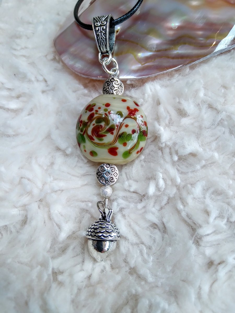 Lampwork glass with Tibetan silver beads & ACORN charm on leather thong necklace