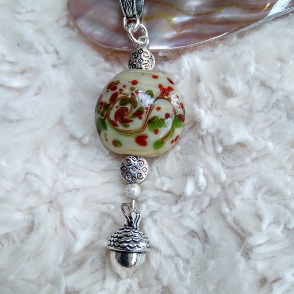 Lampwork glass with Tibetan silver beads & ACORN charm on leather thong necklace