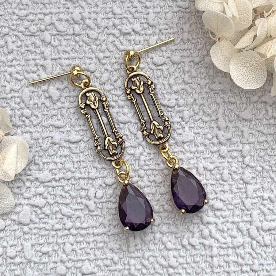 Vintage Style Antique Gold and Purple Glass Crystal Drop Earrings
