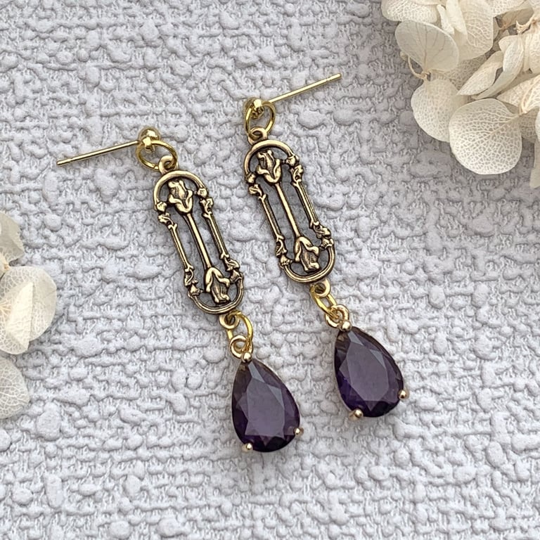 Vintage Style Antique Gold and Purple Glass Crystal Drop Earrings