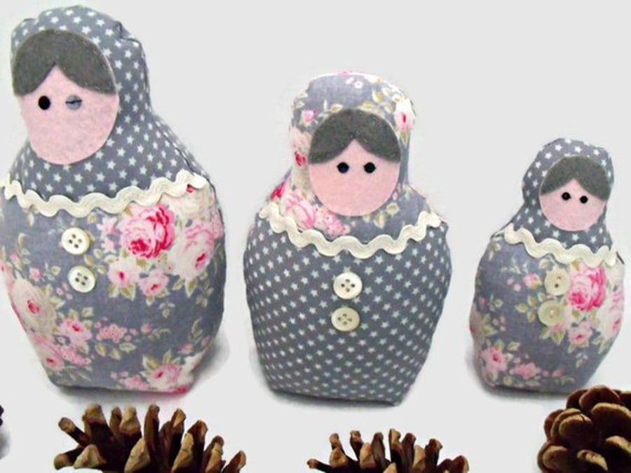 grey graduated russian matryoshka nesting display art dolls, 7, 6, 4.5 inches