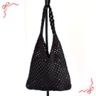 Handmade Crochet Cotton Hobo Bag: Black Boho Market Tote, 100% Cotton Yarn