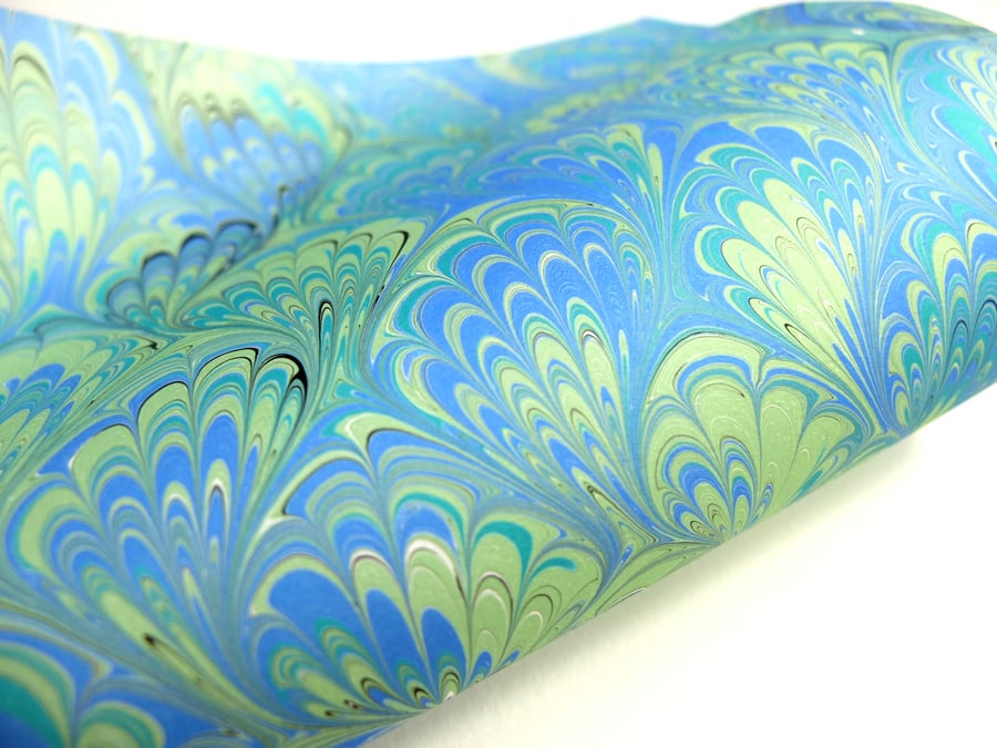 A4 Marbled paper sheet peacock pattern green blue