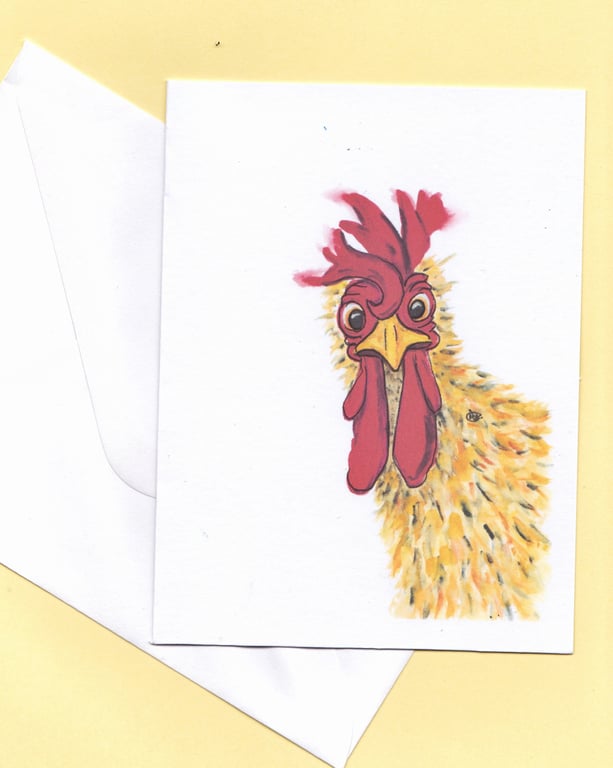 Printed blank card. Curious Rooster, chicken, hen