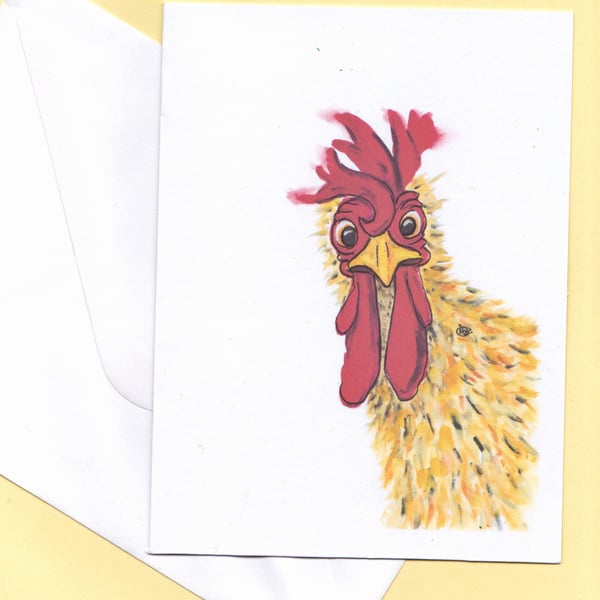 Printed blank card. Curious Rooster, chicken, hen